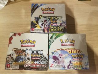 3x Pokemon Booster Boxes - Crimson Invasion,  Roaring Skies And Ancient Origins