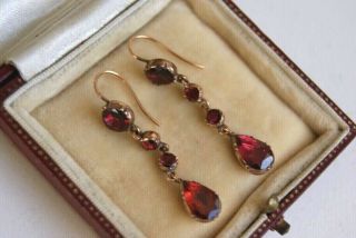 Fine Antique 19th Century 15ct Rose Gold Foilback Garnet Drop Pendant Earrings