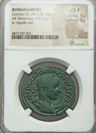 Roman Empire Gordian Iii Sestertius Ngc Fine 5/5 Ancient Coin