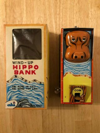 Vintage Ahi Japan Tin Wind Up Collectible Hippo Bank - -