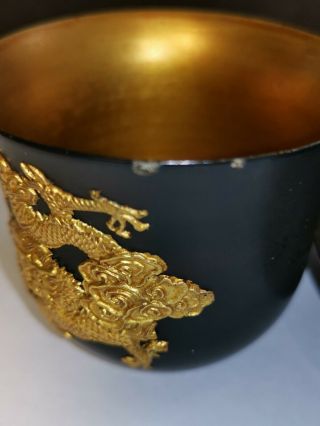 VINTAGE CHINESE/JAPANESE BLACK LACQUER CUP SAUCER & SPOON WITH GOLD DRAGON INLAY 6