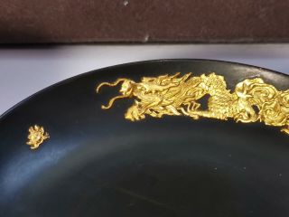 VINTAGE CHINESE/JAPANESE BLACK LACQUER CUP SAUCER & SPOON WITH GOLD DRAGON INLAY 8