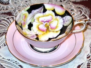 Paragon Tea Cup And Saucer Pansy Floral Chintz Black Dbl Warrant Pink Hp Teacup