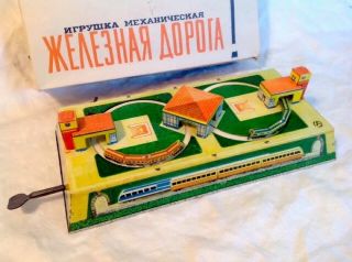 Vintage Mechanical Tin Litho Wind Up Toy Train Station W/Original Box 3