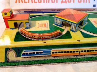 Vintage Mechanical Tin Litho Wind Up Toy Train Station W/Original Box 5