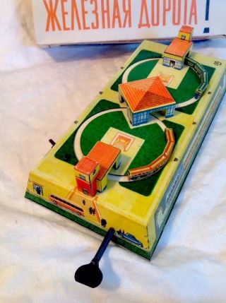 Vintage Mechanical Tin Litho Wind Up Toy Train Station W/Original Box 6