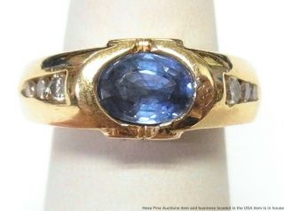 Natural Blue Sapphire 14k Gold Ring Fine Diamond Heart Motif Ladies Vintage
