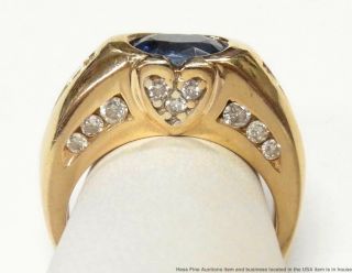 Natural Blue Sapphire 14k Gold Ring Fine Diamond Heart Motif Ladies Vintage 8