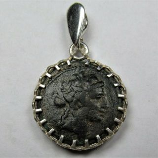 Authentic Ancient Greek Bronze Coin Sterling Silver Pendant Setting Dionysus 34