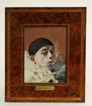 Antique Oil Painting " Pierrot Smoking A Cigar " By Armand Henrion (french)