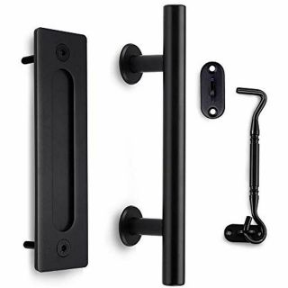 Black Barn Door Pull Handle With Latch Set 12 Inch Round Heavy Duty Solid Steel