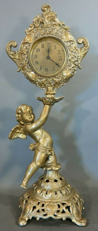 Ca.  1900 Antique Victorian / Art Nouveau Figural Winged Putti Statue Cherub Clock