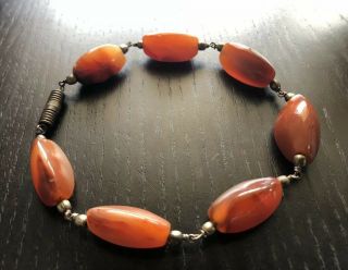 Vtg Antique Chinese Carved Red Carnelian Agate Polished Stone Beaded Bracelet Nr
