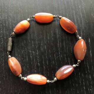 VTG Antique Chinese Carved Red Carnelian Agate Polished Stone Beaded Bracelet NR 2