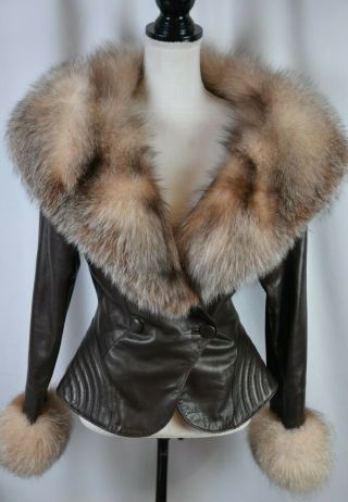 Jean Claude Jitrois Brown Leather Jacket Size 38 France Fur Trim Collar 4/6 Us