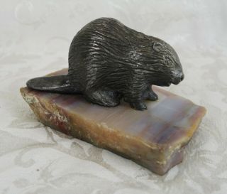 Vintage Mid Century Cast Metal Beaver Figure Statue On Marble Base 3 " Tall