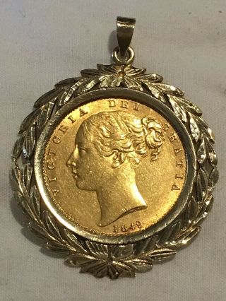 1849 14k Pendant Gold Full Sovereign Queen Victoria Young Head " Shield " Coin