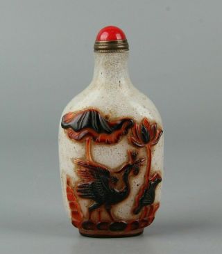 Chinese Exquisite Handmade Lotus Crane Flower Bird Carving Glass Snuff Bottle