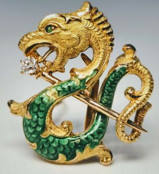 Vintage European 18k Yellow Gold Dragon Pin Brooch With Diamond And Emerald Eye