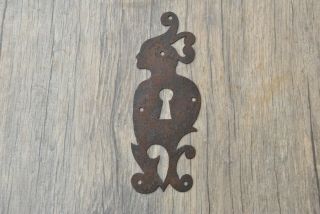 Rare Vtg Iron Large Handmade German Figural Door Gate Escutcheon Key Hole Cover