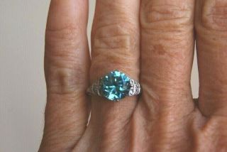 Fine Antique Art Deco 18ct White Gold 1.  5 Ct Blue Zircon & Old Cut Diamond Ring