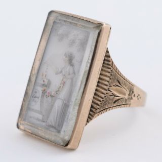Antique Georgian French 1780s Mourning Sepia Portrait Lady Gold Plated Sz 6 Ring 12