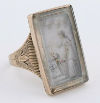 Antique Georgian French 1780s Mourning Sepia Portrait Lady Gold Plated Sz 6 Ring