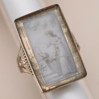 Antique Georgian French 1780s Mourning Sepia Portrait Lady Gold Plated Sz 6 Ring 3