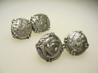 Vintage Antique Ancient Greek Roman Silver Alexander The Great Coin Cufflinks