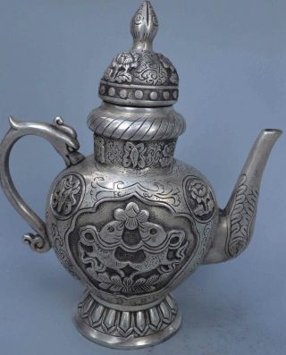 Collectable Old China Handwork Souvenir Miao Silver Carve Goldfish Flower Teapot