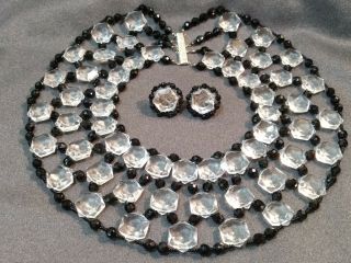 Miriam Haskell Signed Clear Lucite & Jet Glass Runway Bib Necklace Earring Set