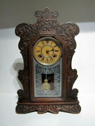 Antique Ansonia Mantel Wall Clock Art Nouveau Gingerbread Striking Oak Wood Case