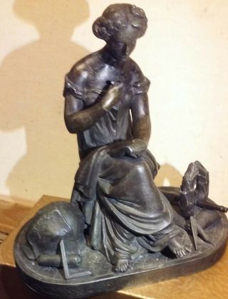 Antique Victorian Spelter Woman Queen Of Science Statue Clock Bronzed Topper