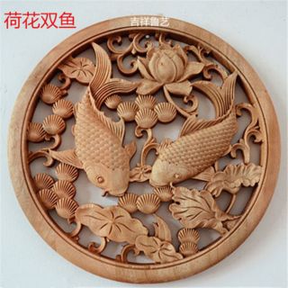 CHINESE HAND CARVED 荷花双鱼 STATUE CAMPHOR WOOD ROUND PLATE WALL SCULPTURE 3