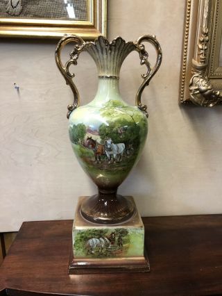 Antique Victorian Tall Hand Painted Horse Farm Scene Baby Cows Vase Urn Sinf Fr