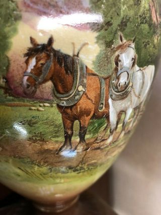 ANTIQUE VICTORIAN TALL HAND PAINTED HORSE FARM SCENE BABY COWS VASE URN SINF FR 2