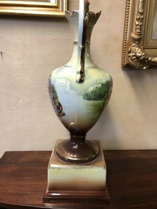 ANTIQUE VICTORIAN TALL HAND PAINTED HORSE FARM SCENE BABY COWS VASE URN SINF FR 5