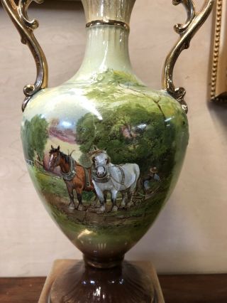 ANTIQUE VICTORIAN TALL HAND PAINTED HORSE FARM SCENE BABY COWS VASE URN SINF FR 6