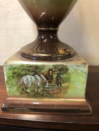 ANTIQUE VICTORIAN TALL HAND PAINTED HORSE FARM SCENE BABY COWS VASE URN SINF FR 7