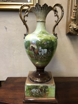 ANTIQUE VICTORIAN TALL HAND PAINTED HORSE FARM SCENE BABY COWS VASE URN SINF FR 8