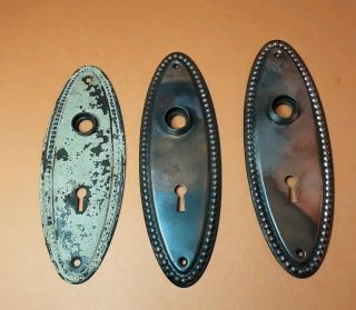 3 Vintage Antique Oval Door Knob Back Plates Fancy Ornate