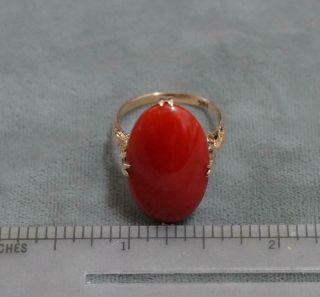 Vtg 25mm by 15mm Mediterranean Oxblood Coral Cab Handmade 14K Yellow Gold Ring 2