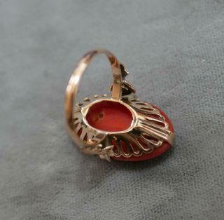Vtg 25mm by 15mm Mediterranean Oxblood Coral Cab Handmade 14K Yellow Gold Ring 7