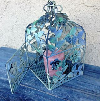 Large Wrought Iron Metal Floral Lantern Candle Holder Cage,  Table Or Hanging