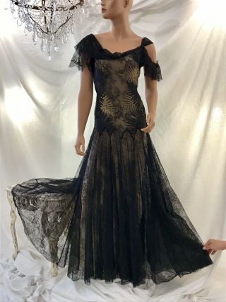 Alexander Mcqueen Vintage Pre Death Embroidered Gold Black Lace Full Bias Gown