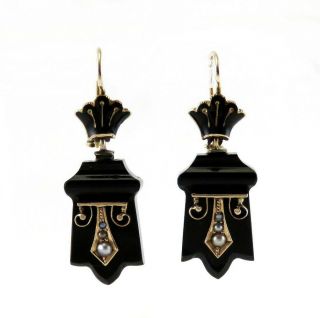 Antique Victorian Memorial 14k Gold Onyx Natural Pearl Etruscan Revival Earrings