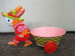 Vintage J.  Chein Tin Litho Rabbit And Basket Cart Toy
