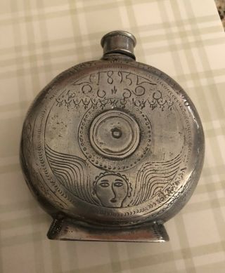 1895 Hand Made Engraved Pewter Flask Marked 95