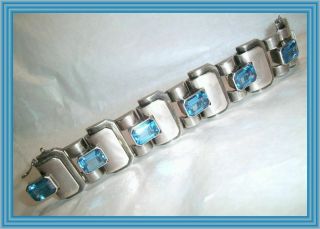 Vintage C1930 French Silver - Art Deco Blue Spinel & Silver Link Bracelet Nr