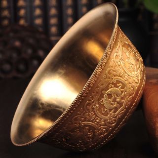 Tibetan Buddhism Offering Water Bowl Cup Copper Eight Auspicious Symbols 10cm